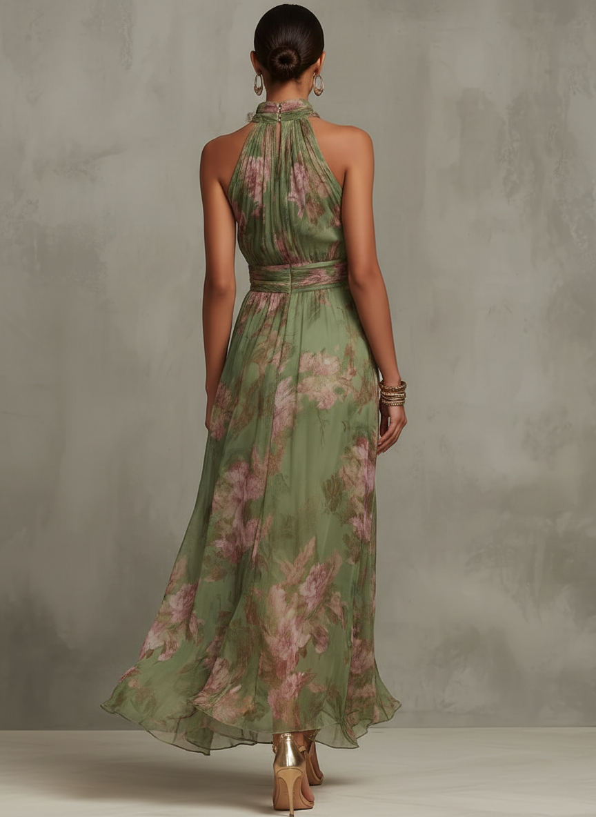 Femme Robe Maxi Fleurie sans Manches avec Col Halter