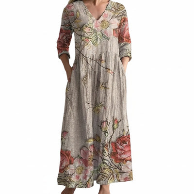 Femme Robe Maxi Florale à Col en V et Manches Trois-quarts avec Poches