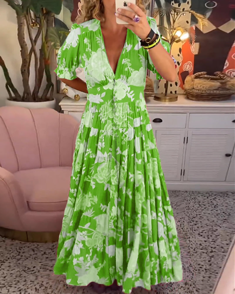 Femme Robe Maxi Florale à Col V Profond et Jupe Évasée en A