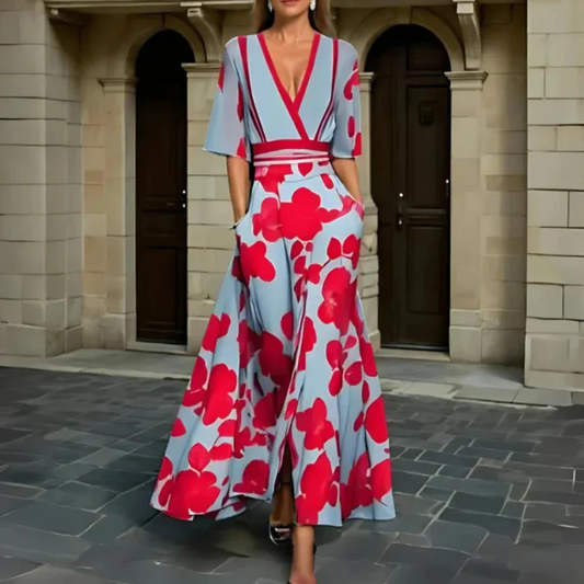 Femme Robe Maxi Florale col V Profond Manches Courtes Ligne A avec Poches