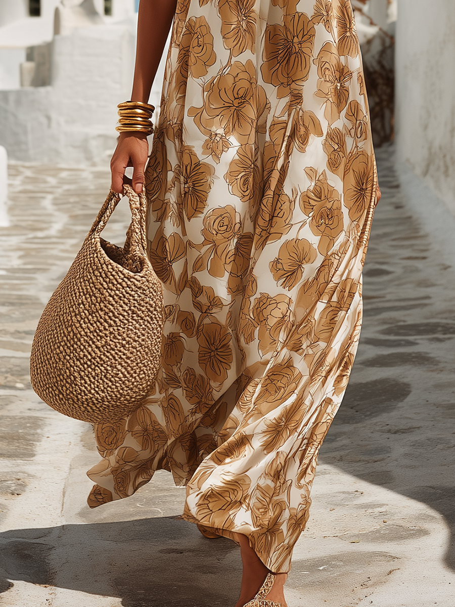 Femme Robe Maxi Florale sans Manches col Halter Oversize