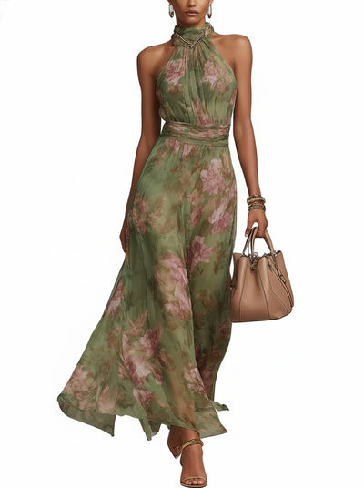 Femme Robe Maxi Halter Florale avec Taille Cintrée et Jupe A-line