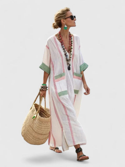 Femme Robe Maxi Kaftan avec Col en V et Poches Rayures Contrastées