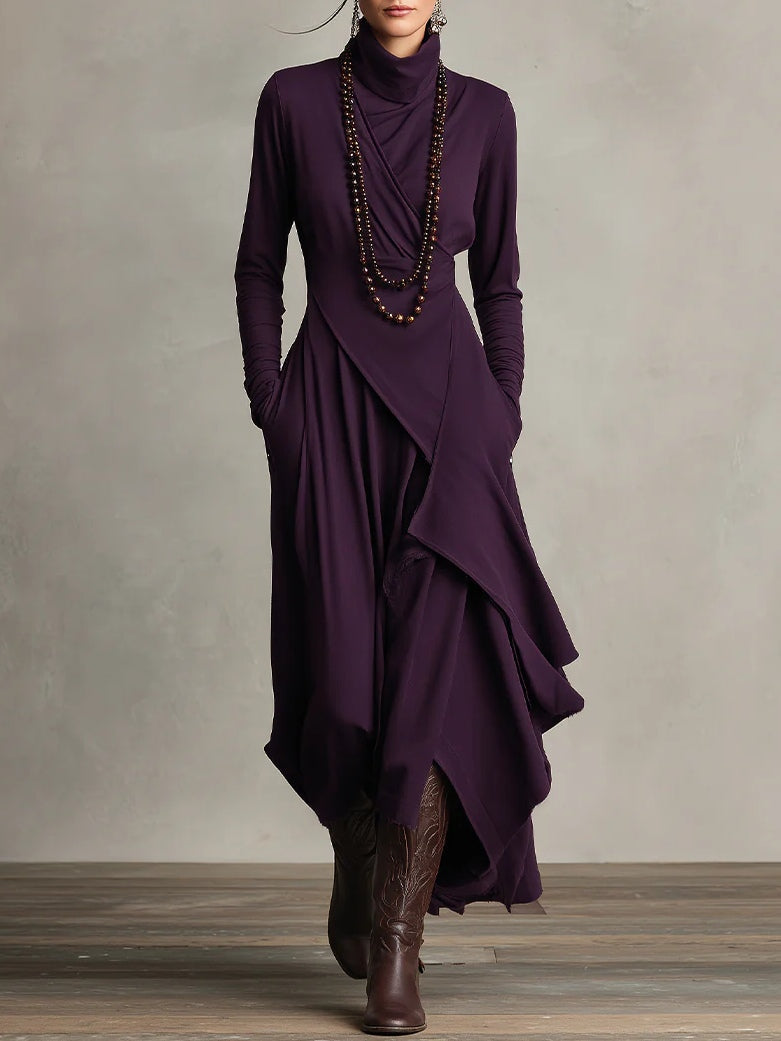Femme Robe Maxi Longue Col Roulé Manches Longues avec Ourlet Asymétrique