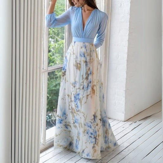 Femme Robe Maxi Longue Manches Longues col V avec Imprimé Floral et Silhouette A-ligne