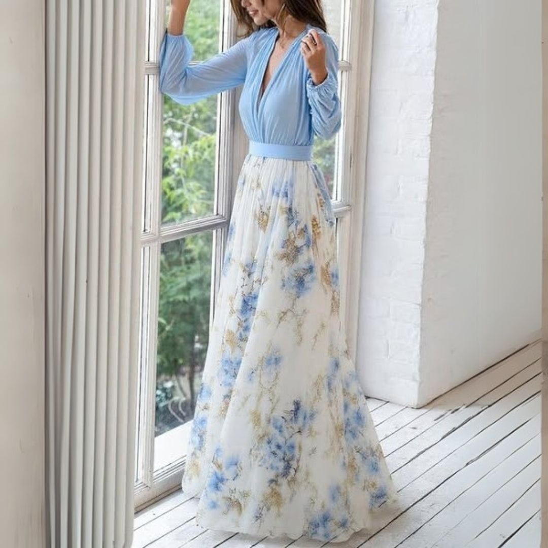 Femme Robe Maxi Longue Manches Longues col V avec Imprimé Floral et Silhouette A-ligne