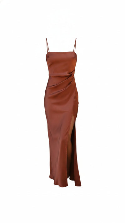 Femme Robe Maxi Longue sans Manches à Bretelles Fines avec Fente et Drapé