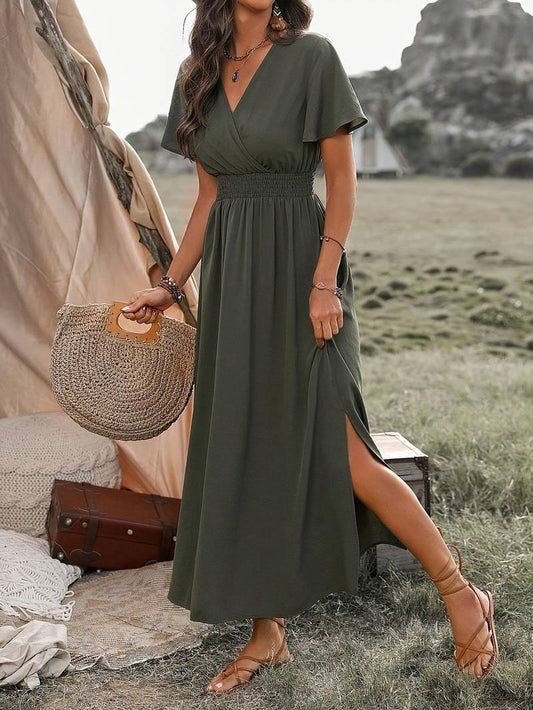 Femme Robe Maxi Manches Courtes avec Col Croisé et Taille Smockée
