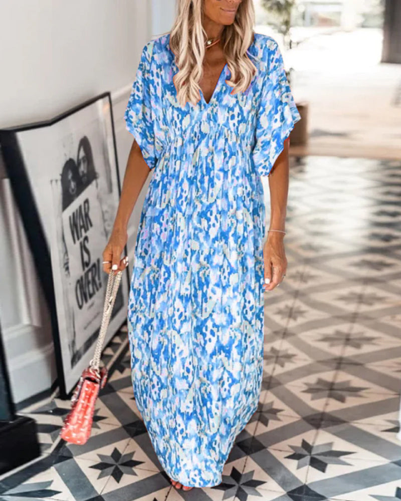 Femme Robe Maxi Manches Courtes avec Col en V et Imprimé Abstrait Coupe Ample