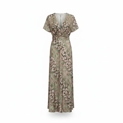 Femme Robe Maxi Manches Courtes avec Col en V Twisté et Imprimé Animalier