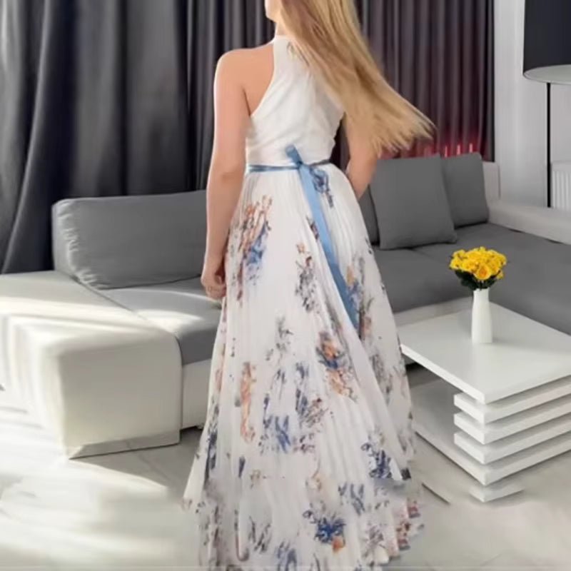 Femme Robe Maxi Plissée à Col en V et Imprimé Floral avec Ceinture