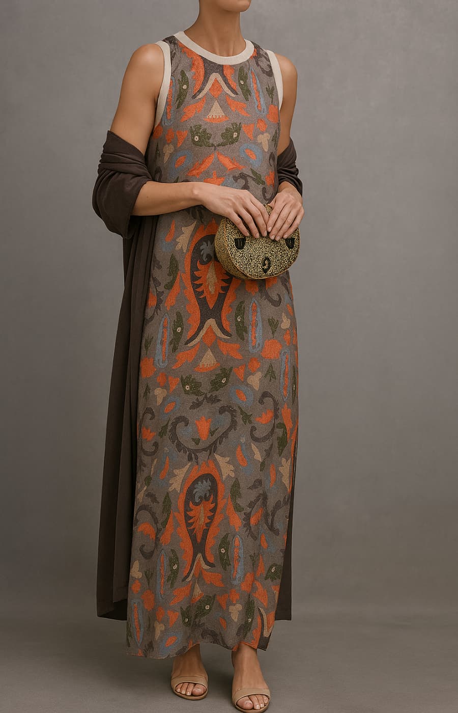 Femme Robe Maxi Sans Manches à Imprimé Floral avec Manteau Assorti Col Rond