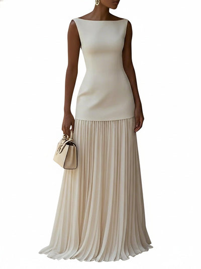 Femme Robe Maxi Sans Manches col Bateau avec Jupe Plissée
