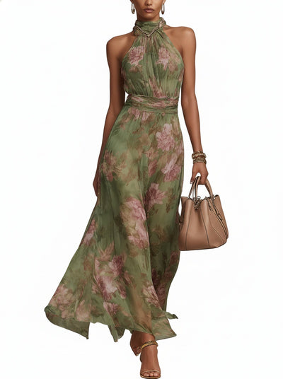 Femme Robe Maxi sans Manches col Halter à Imprimé Floral et Taille Élastiquée