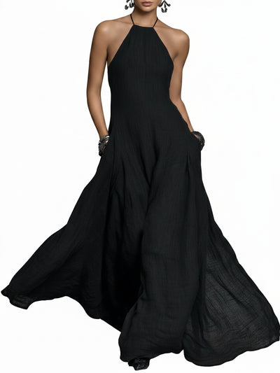 Femme Robe Maxi sans Manches col Halter A-ligne avec Poches