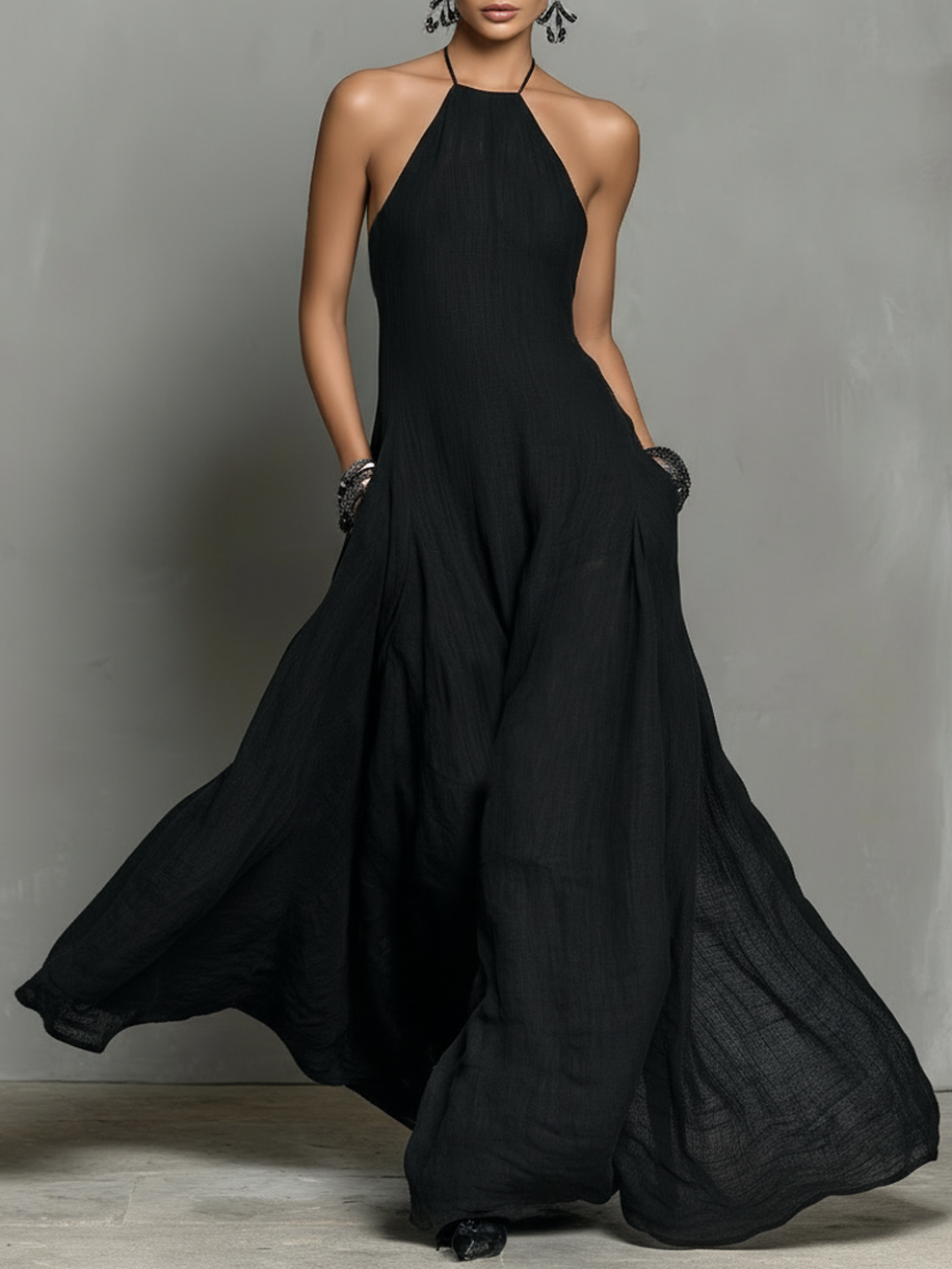 Femme Robe Maxi sans Manches col Halter A-ligne avec Poches