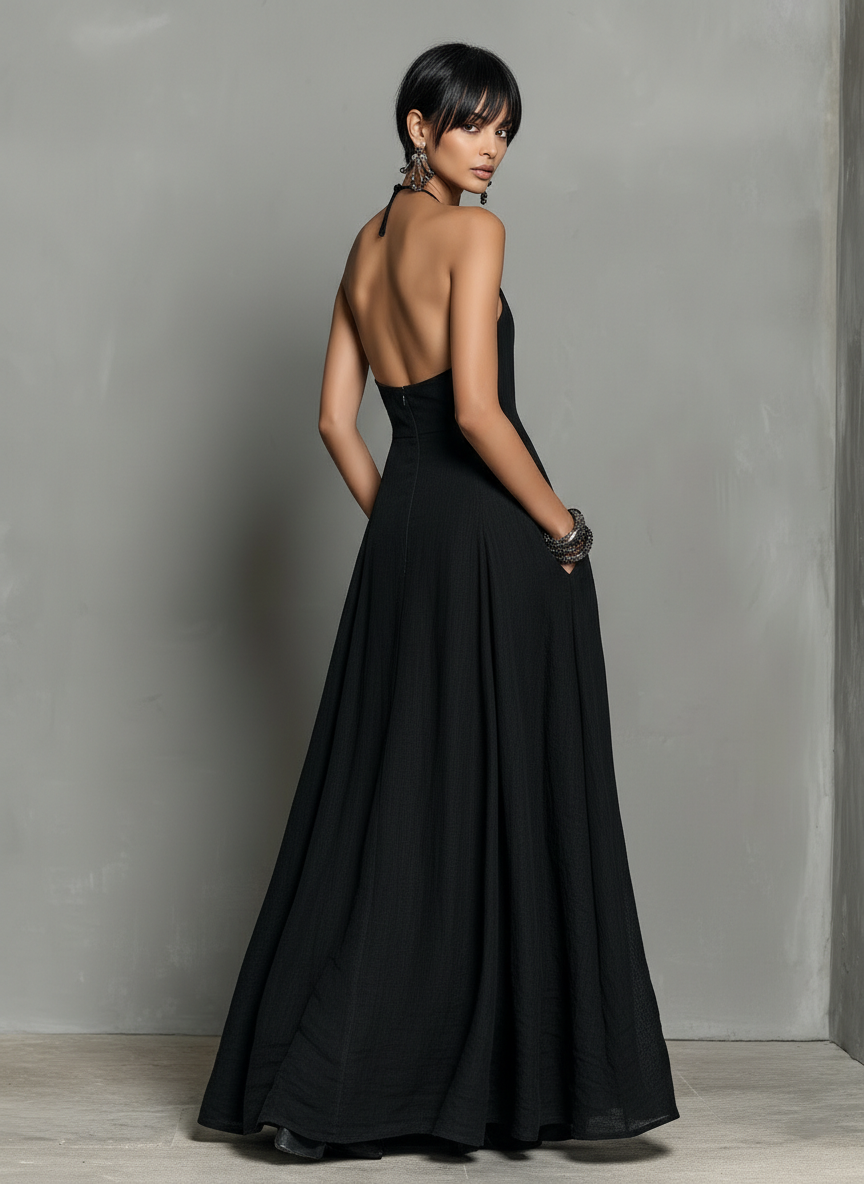 Femme Robe Maxi sans Manches col Halter A-ligne avec Poches