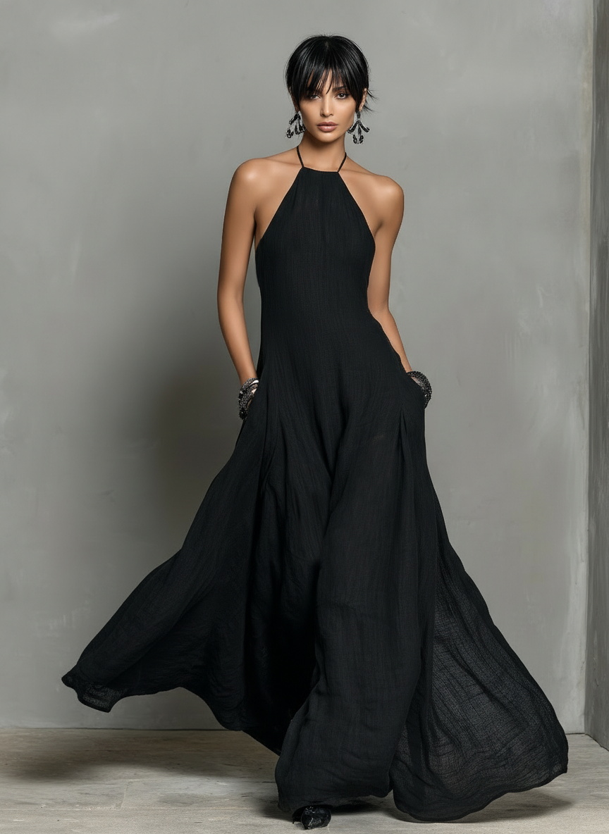 Femme Robe Maxi sans Manches col Halter A-ligne avec Poches