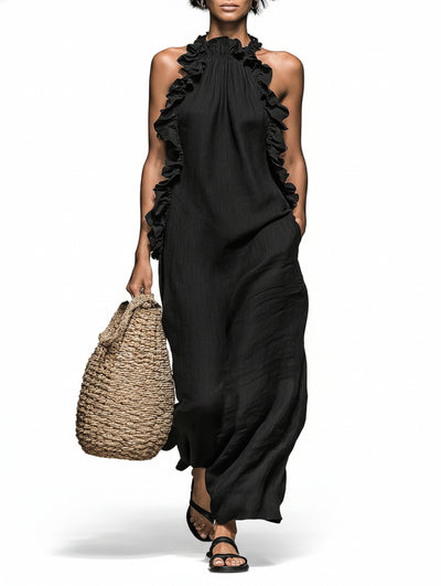 Femme Robe Maxi sans Manches col Halter avec Volants