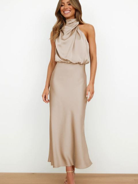 Femme Robe Maxi Sans Manches Col Halter Dos Nu Coupe Ajustée