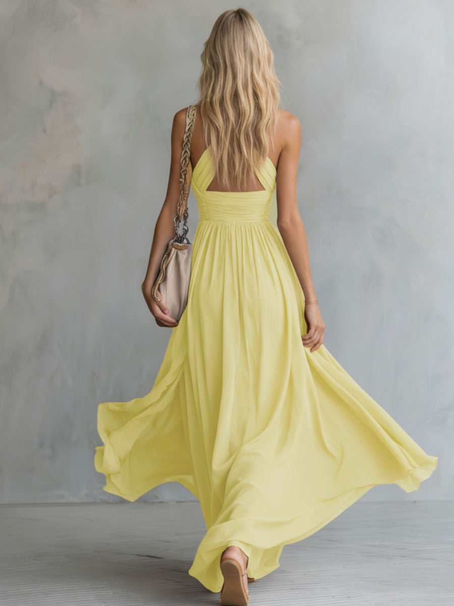 Femme Robe Maxi sans Manches Col Halter V-neck Plongeant A-ligne