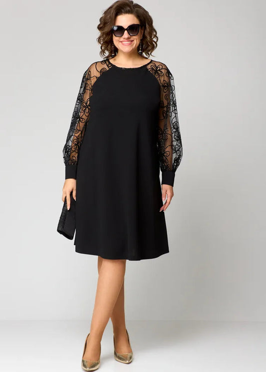Femme Robe Mi-Longue A-ligne à Manches Longues Transparentes Brodées