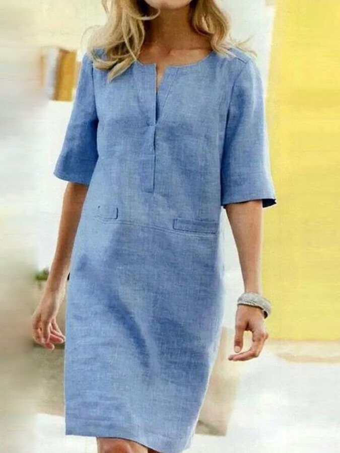 Femme Robe Mi-longue Manches Demi-longues avec Col en V et Poches