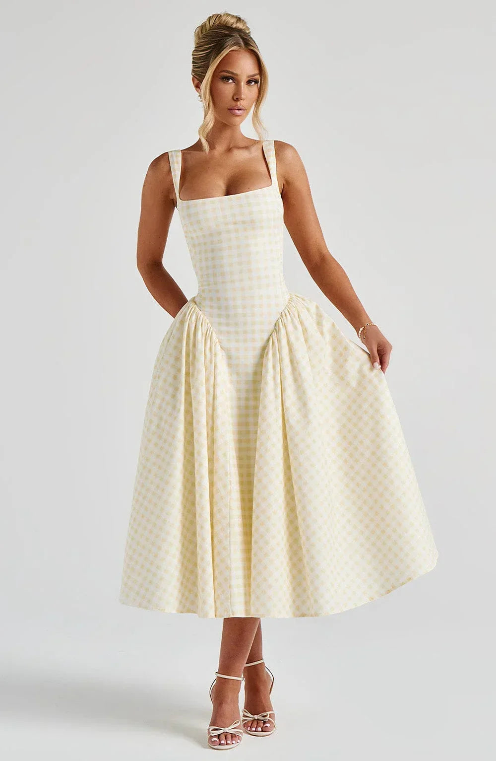 Femme Robe Midi à Carreaux Sans Manches avec Bretelles Larges et Jupe Évasée