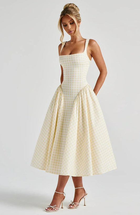Femme Robe Midi à Carreaux Sans Manches avec Bretelles Larges et Jupe Évasée