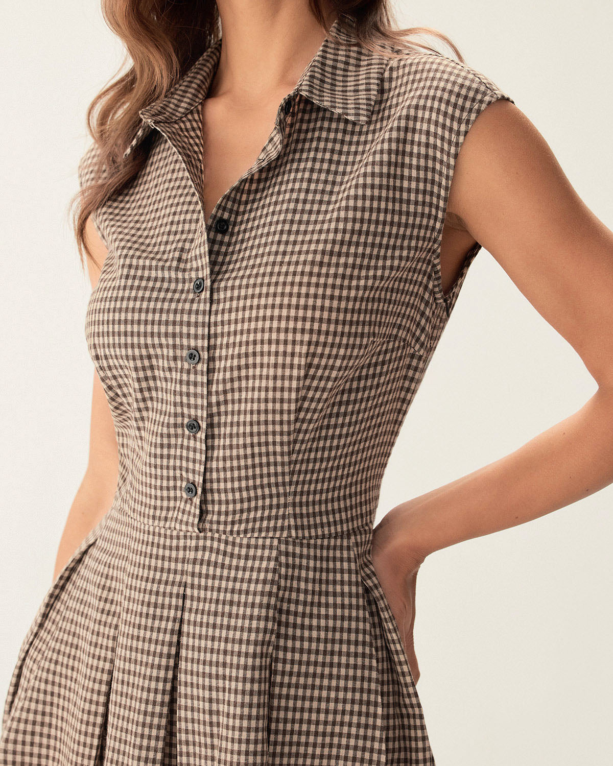 Femme Robe Midi à Carreaux sans Manches avec Col Chemise et Jupe Plissée A-Line