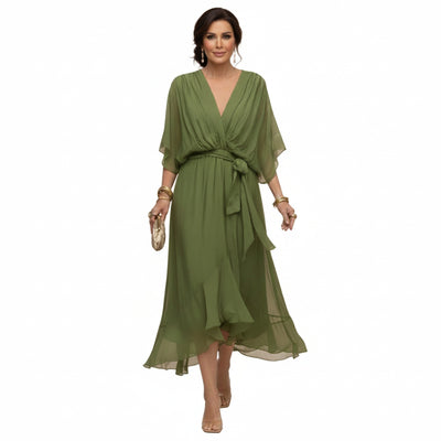 Femme Robe Midi à Col en V avec Manches Chauve-Souris et Ceinture Nouée