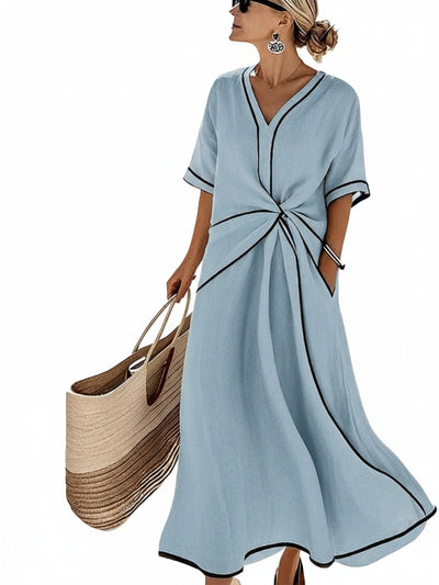 Femme Robe Midi à Col en V avec Torsade à la Taille et Bordures Contrastées
