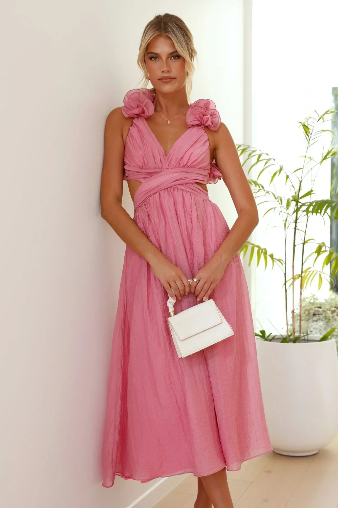 Femme Robe Midi à Col en V avec Volants Floraux et Dos Lacé