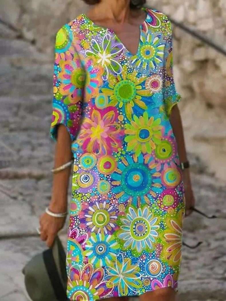 Femme Robe Midi à Col en V et Imprimé Floral avec Manches Courtes
