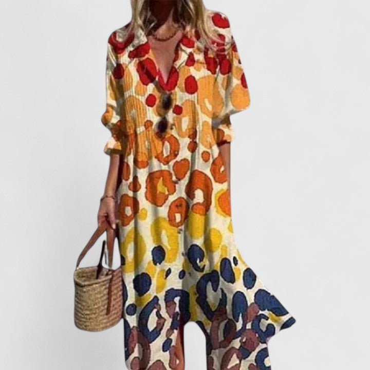 Femme Robe Midi à Imprimé avec Col en V et Boutonnage Avant Coupe Ample