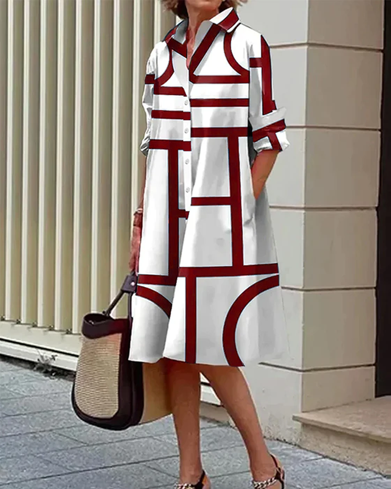 Femme Robe Midi à Imprimé Géométrique, Col Chemise et Manches 3/4