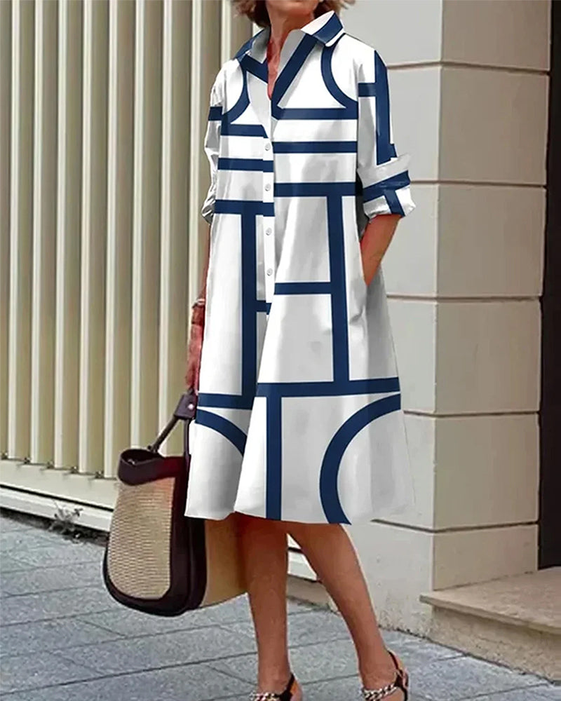 Femme Robe Midi à Imprimé Géométrique, Col Chemise et Manches 3/4