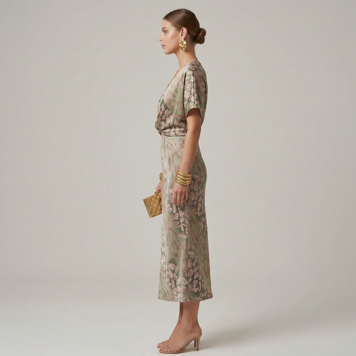 Femme Robe Midi à Manches Courtes avec Col en V et Nœud Frontal Imprimée