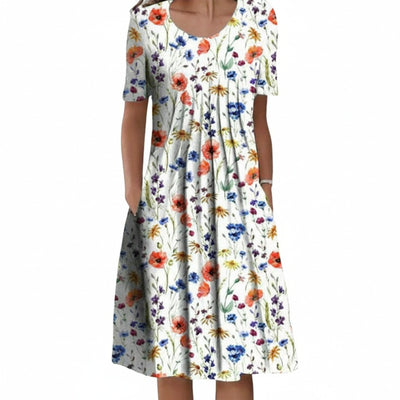Femme Robe Midi à Manches Courtes avec Col Rond et Imprimé Fleuri
