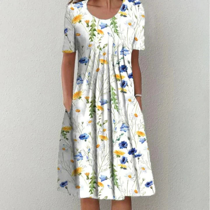 Femme Robe Midi à Manches Courtes avec Col Rond et Imprimé Fleuri
