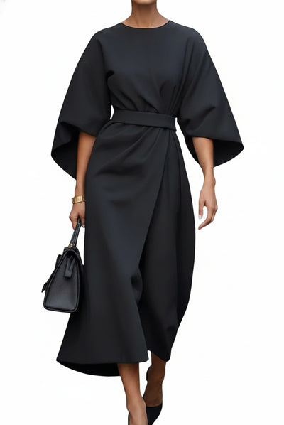 Femme Robe Midi à Manches Kimono Évasées avec Ceinture et Col Rond