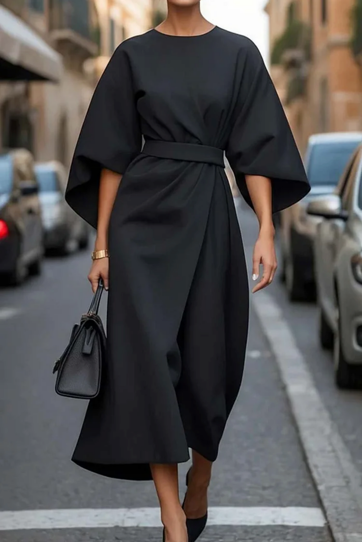 Femme Robe Midi à Manches Kimono Évasées avec Ceinture et Col Rond