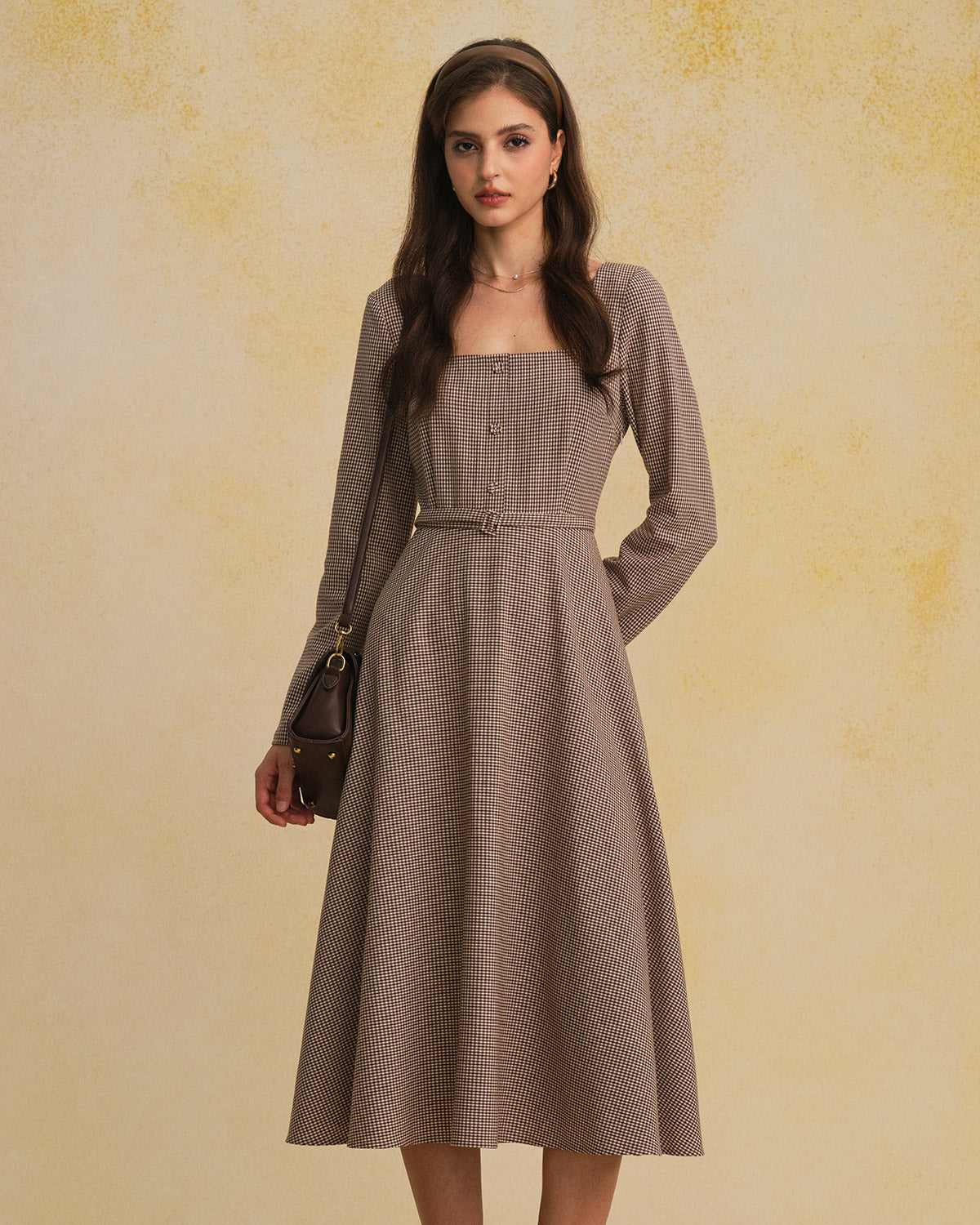 Femme Robe Midi à Manches Longues avec Col Carré, Ceinture et Motif Vichy A-Line