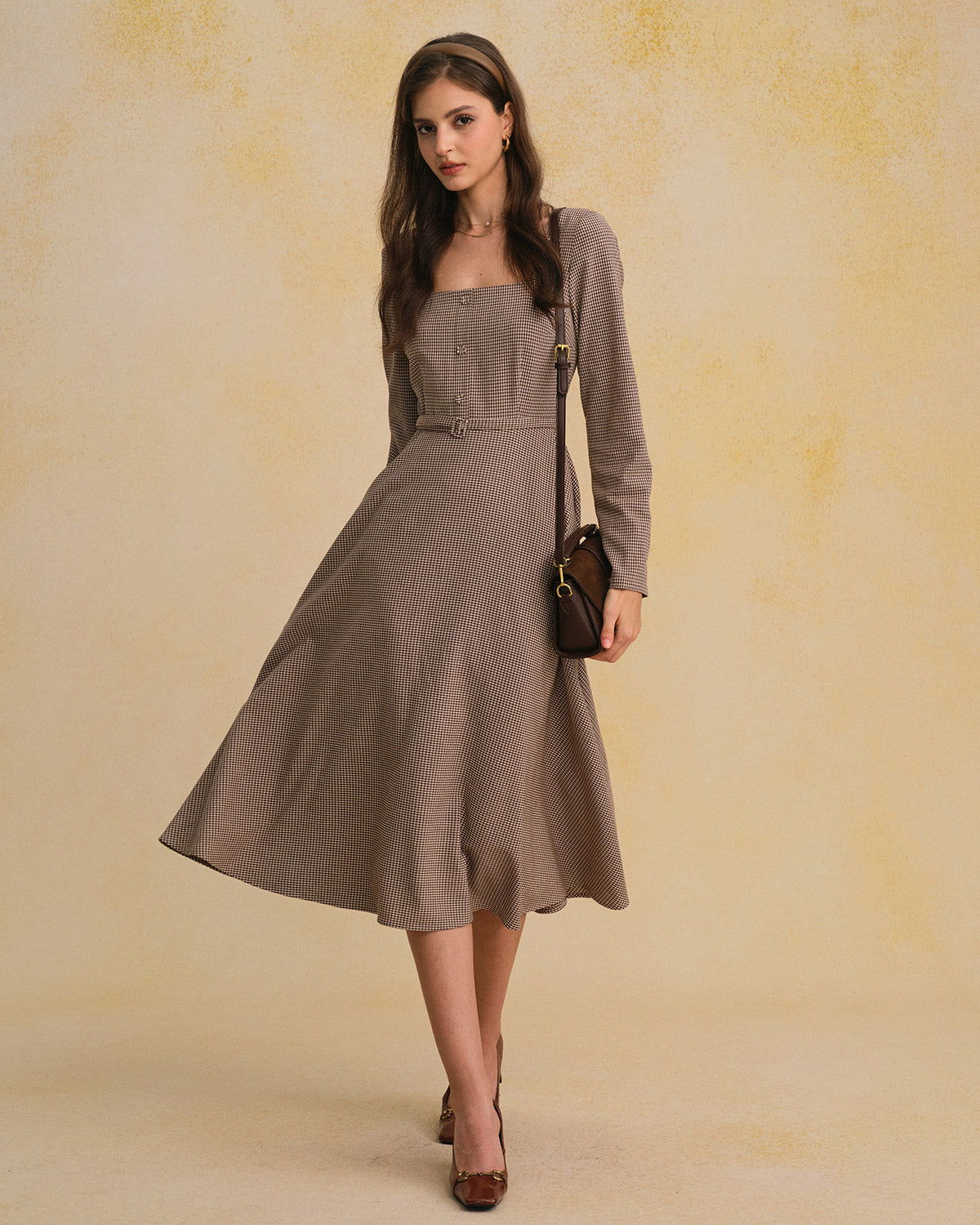 Femme Robe Midi à Manches Longues avec Col Carré, Ceinture et Motif Vichy A-Line
