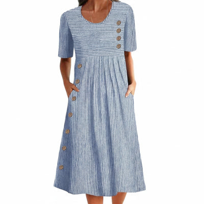 Femme Robe Midi à Rayures Manches Courtes col Rond et Boutons avec Poches