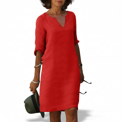 Femme Robe Midi Ample à Col en V et Manches Trois-Quarts