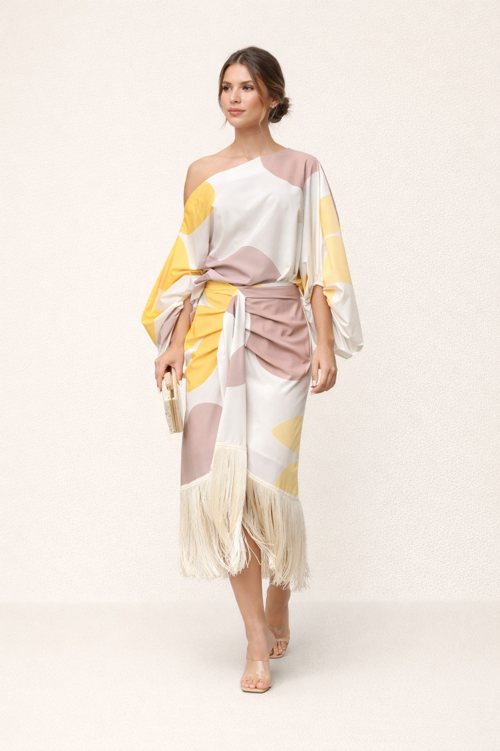 Femme Robe Midi Asymétrique à Une Épaule avec Franges et Ceinture
