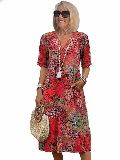Femme Robe Midi Bohème à Col en V et Manches Courtes avec Poches