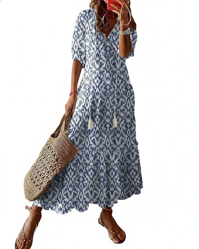 Femme Robe Midi Boho à Manches Courtes avec Col en V et Imprimé