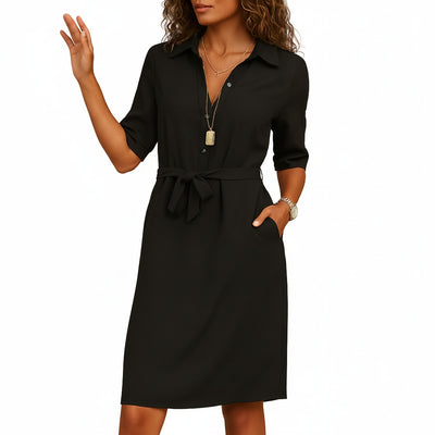 Femme Robe Midi Chemise à Manches Demi-longues avec Ceinture et Poches